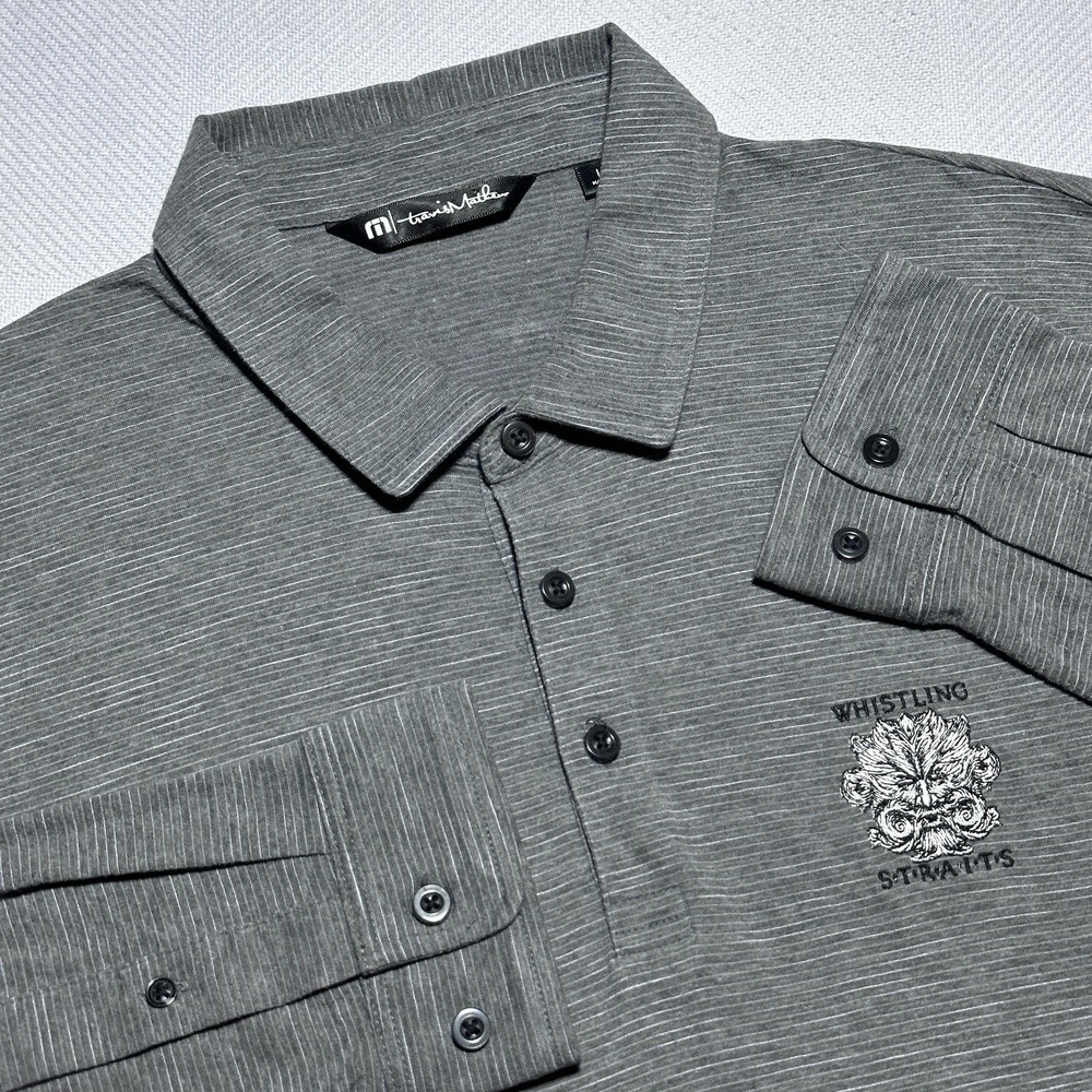 Travis Mathew Whistling Straits Golf Polo Mens Large Gray Striped Long Sleeve